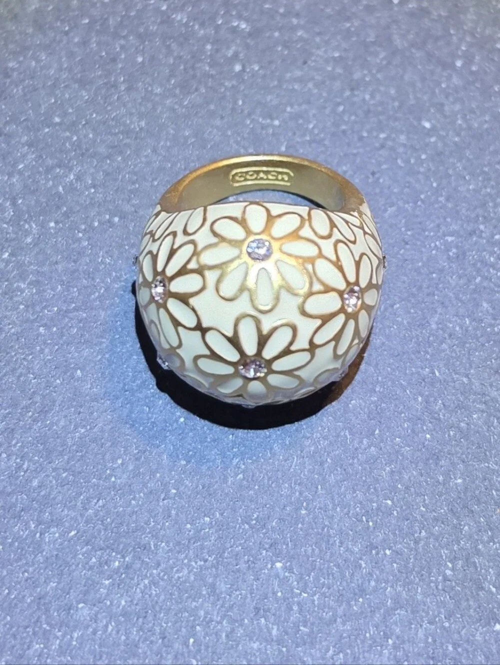 Coach Cream Floral Dome Ring with Gold Accents and Crystal Centers